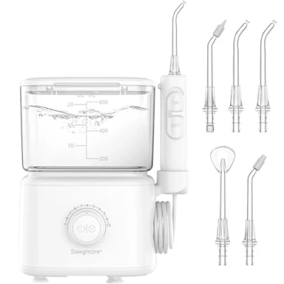 Abbildung von Sawgmore Munddusche, Elektrische Zahnzwischenraumreiniger mit 10 Einstellbaren Druckstufen, 600ml Fassungsvermögen, Oral Irrigator 5 multifunktionalen Düsenspitzen für Zuhause (Weiß)