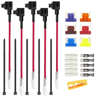 Abbildung von Aiqeer 5 Stück 12V / 24V Low Profile Add a Circuit Sicherung Taps, Auto Piggyback Sicherungshalter mit Kabelbaum, Gratis 6 Micro Flachsicherungen und Sicherungszieher (Butt Terminal)