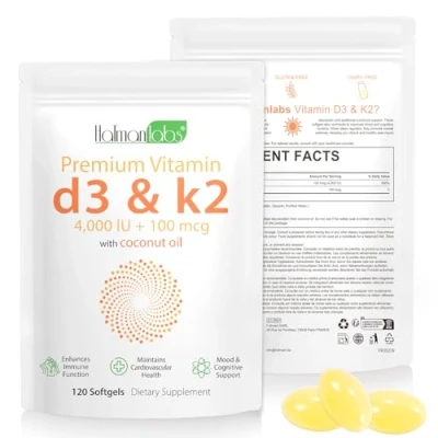 Abbildung von Vitamin D3 &amp; K2(MK 7) Ergänzungskapsel, 4000 IE VIT + 100 MCG mit Kokosöl, 120 leicht zu schluckende K2 Tabletten, glutenfrei, hochdosiertes vegetarisches und Vitaminpräparat