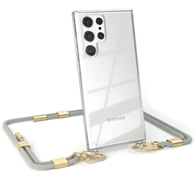 Abbildung von EAZY CASE kombinierbare Handyketten kompatibel mit Samsung Galaxy S22 Ultra 5G, Transparente Silikon Hülle stylischen Umhängeband, Abnehmbarer Karabiner, Gurt zum wechseln, Taupe Clips Gold