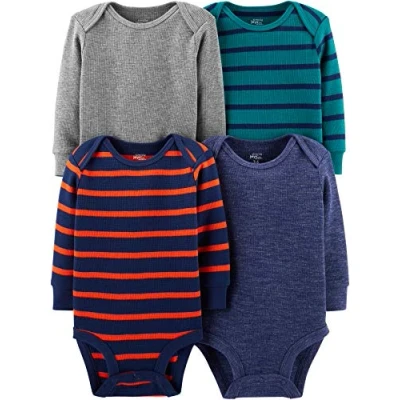 Abbildung von Simple Joys by Carter&#039;s Unisex Baby Long Sleeve Thermal Bodysuits, Pack of 4 Body, Blau Heide/Grau Meliert/Streifen, 0 Monate (4er Pack)