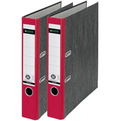 Abbildung von Leitz Qualitäts Ordner 180, A4, 100% recycelter Karton, Schmal, 5,2 cm Rückenbreite, Wolkenmarmor Papier (Schmal, Rot, 2 Stück)