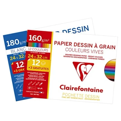 Abbildung von Clairefontaine 196778AMZC Set mit 2 Packungen Zeichenpapier, x 15 Blatt, sortierte Farben, DN A4+, 24x32cm,