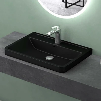 Abbildung von Mai &amp; Waschbecken Einbauwaschbecken 60cm Rechteckige Waschschale aus Mineralguss matt Schwarz mit Überlauf Colossum08
