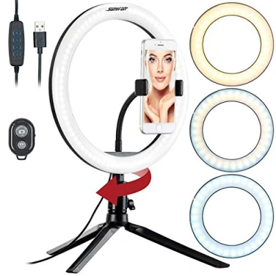 Abbildung von Somikon Ringleuchte: Profi LED Ringlicht, Ø 10&quot; / 26 cm, Fernauslöser &amp; Smartphone Halter (Ring Light, Handystativ mit Ringleuchte, Selfie Stick)