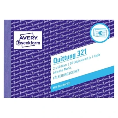 Abbildung von AVERY Zweckform 321 Quittungsblock (A6 quer, 2x50 Blatt, 1 Blatt Blaupapier, fälschungssicherer Dokumentendruck, für Beträge unter 250 inkl. MwSt., DE/AT) weiß
