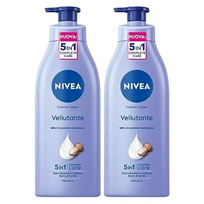 Abbildung von Nivea Samt Körpercreme 48h mit intensiver Feuchtigkeitsversorgung und Karité Butter, weiche glatte Hautwirkung für trockene Haut 2 Flaschen à 500 ml