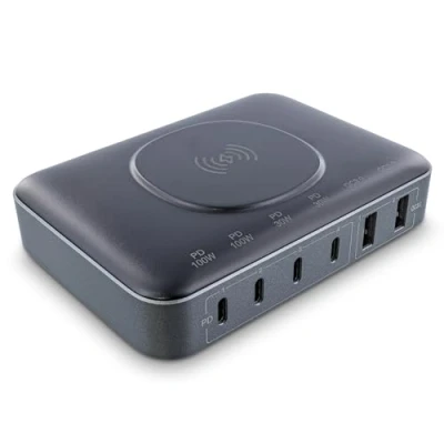 Abbildung von InLine Qi Powerstation 6 Port, Wireless Charger, 4x USB C, 2x A, GaN, 100W, Schnellladegerät, Netzteil für MacBook Pro/Air, iPhone/Pro/mini, iPad Pro, Pixel und mehr, schwarz, 31517K