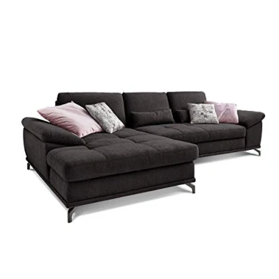 Abbildung von Cavadore L Form Sofa Castiel mit Federkern / Große Eckcouch Sitztiefenverstellung und XL Longchair 312 x 89 173 Webstoff, Schwarz