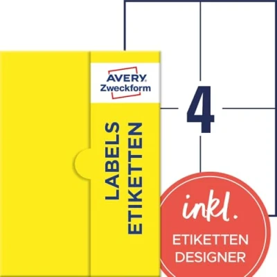 Abbildung von AVERY Zweckform P3483 500 Universal Etiketten (2.000 Klebeetiketten, 105x148mm auf A4, Papier matt, bedruckbare Versandetiketten, selbstklebende Versandaufkleber, Adressetiketten) Blatt, weiß