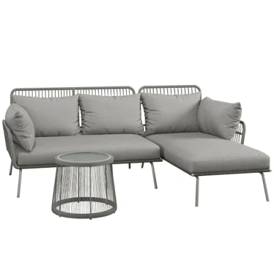 Abbildung von Outsunny 3 TLG. Rattan Gartenmöbel Set, Sitzgruppe mit Kissen, Gartengarnitur 1 Beistelltisch, Liegestuhl, Doppelsofa, Sitzgarnitur für Garten, Terrasse, Stahl, Hellgrau