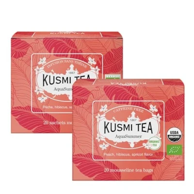 Abbildung von Kusmi Tea AquaSummer 2er Pack Bio Früchteteemischung aus Hibiskus, Apfel, Aprikose und Pfirsich Koffeinfreier Hibiskustee Heiß oder als Eistee genießen 2x20 Teebeutel