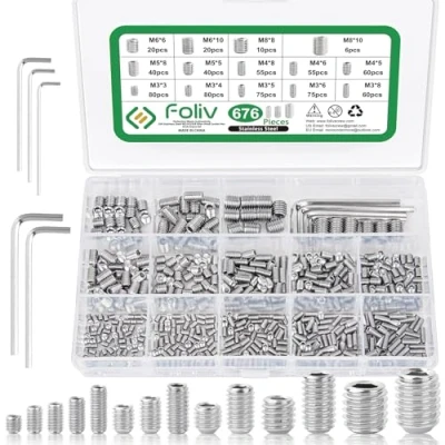 Abbildung von Foliv 676 Stück Madenschrauben Sortiment Set Edelstahl M3 M4 M5 M6 M8 Madenschrauben/Innensechskant Gewindestifte DIN 913,Sechskantkopf Schrauben mit Schraubenschlüssel für Türgriff, Türklinke
