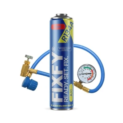 Abbildung von FIXFY 5in1 Kältemittelersatz R134a mit Öl, Trockner, Dichtmittel, Gas und UV Farbstoff Set Schlauch Manometer, 500 ml Dose, zum Selbstbefüllen der Klimaanlage in Autos von 1995 2016