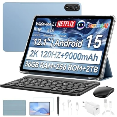 Abbildung von Blackview Mega2 Android 15 Tablet 12 Zoll, 36GB RAM+256GB ROM, 2K FHD Gaming mit Tastatur Maus Stift Kopfhörer, 4G LTE+5G WiFi, 9000 mAh, WideVine L1, Dual Kamera, Face ID, GPS, Hülle