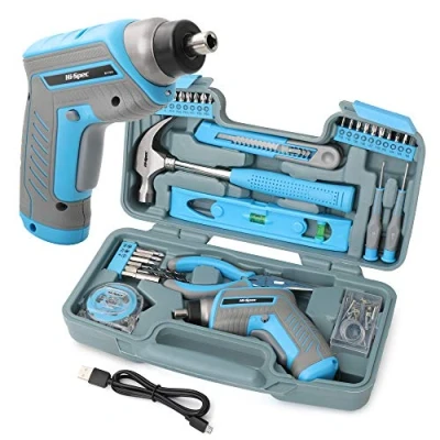 Abbildung von Hi Spec 35 teiliges blaues Heimwerker Werkzeugset mit wiederaufladbarem USB Akkuschrauber. Für Reparaturen und Wartungen in einem praktischen Koffer