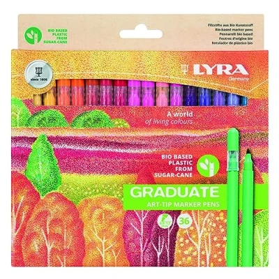 Abbildung von LYRA Graduate Art Tip Fasermaler, geruchsneutrale wasserbasierte Tinte, hergestellt aus 64% biobasiertem Kunststoff Zuckerrohr, 36 sortierte Farben