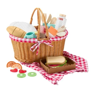 Abbildung von Fisher Price Picknickkorb Set aus Holz für Rollenspiele, 31 Holzteile Kindergartenkinder ab DREI Jahren, HXT81