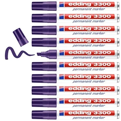 Abbildung von edding 3300 Permanentmarker violett 10 Stifte Keil Spitze 1 5 mm schnell trocknender Permanent Marker wasserfest, wischfest für Karton, Kunststoff, Holz, Metall Universalmarker