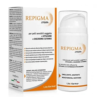 Abbildung von Repigma Cream Eine nützliche Creme bei Haut, die zu Vitiligo, weißen Flecken und Hautverfärbungen neigt. 95% natürliche Inhaltsstoffe.