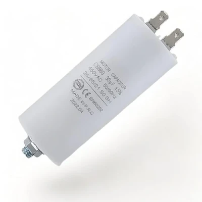 Abbildung von DEKAROX Universal Kondensator 30µF 450V Ø40x95mm mit 6.3mm AMP Steckfahnen Befestigungsschraube M8 CBB60 Motorstart und Laufkondensator für elektrische Haushaltsgeräte