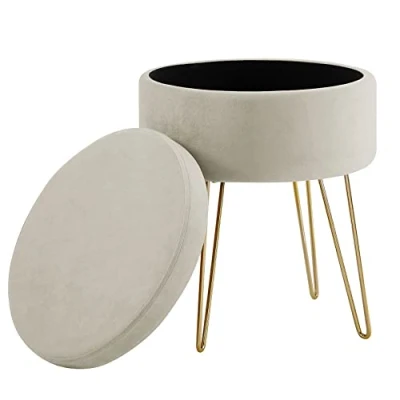 Abbildung von Zedelmaier Runder Sitzhocker Schminktisch Hocker Ottoman Gepolsterter Abnehmbarer Bezug Metallstütze (Beige)