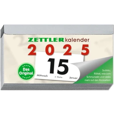 Abbildung von Zettler Tagesabreißkalender 2025 Q, 10,9x5,9cm, Abreißkalender mit Sudokus, Sonnen und Mondzeiten, Namenstage, hellgraue Patentklammer, Aufhängung deutsches Kalendarium