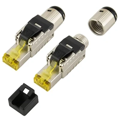 Abbildung von SeKi 2x Werkzeugfreier RJ45 Netzwerkstecker CAT 8.1 im Metallgehäuse passend für Verlegekabel und Patchkabel; Feldkonfektionierbar LAN Stecker Netzwerkkabel kompatibel mit CAT5, CAT7, CAT6a, DSL