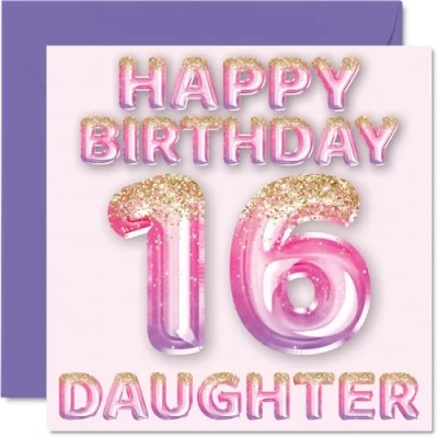 Abbildung von Geburtstagskarte zum 16. Geburtstag für Tochter rosa &amp; lila Glitzerballons Happy Birthday Karten 16 Jahre alte von Mama Papa Eltern, 145 mm x Geburtstagsgrußkarten Geschenk