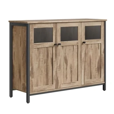 Abbildung von VASAGLE Sideboard, Küchenschrank, Aufbewahrungsschrank, mit Glastüren, für Wohnzimmer, Küche, Esszimmer, Stahlrahmen, Industriestil, Kamelbraun tintenschwarz LSC099K02