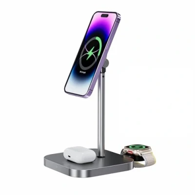 Abbildung von INVZI MagFree 3 in 1 induktives Ladegerät für iPhone, iWatch, Airpods (Grau)