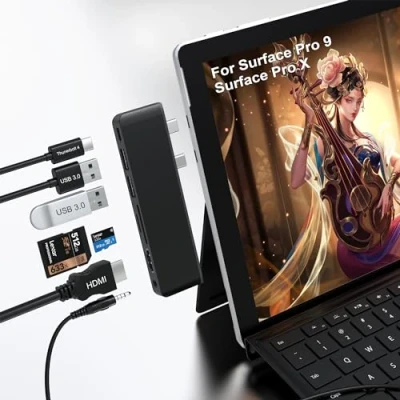 Abbildung von Surface Pro9 Docking Station Hub mit 4K HDMI Adapter, USB C Thunderbolt 4 (8K Video + 40G Daten 100W PD), 2 3.0, SD/TF Leser, 3,5 mm Audio, für Microsoft Pro 9