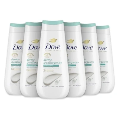 Abbildung von Dove Hypoallergenes Dermo Duschgel, feuchtigkeitsspendendes milde Formel auf dem Hautmikrobiom, pflanzliche Feuchtigkeitsspender, ohne SLES, Duschbad für Damen und Herren, 6 Stück à 225 ml