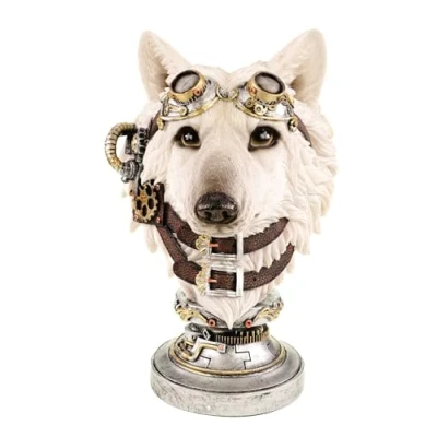 Abbildung von Kremers Schatzkiste XXL Steampunk Wolfsbüste Polyresin Deko Figur 35cm I Weiße Wolf Skulptur mit Brille Handbemalt Detailreiche Statue Wohnzimmer Büro Dekoration