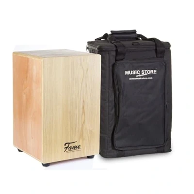 Abbildung von Fame Cajon Set, Beginner mit Tasche, Natur Esche Holz, Matt Finish, Gitarrensaiten, 30x30x48 cm, inklusive Stimmschlüssel