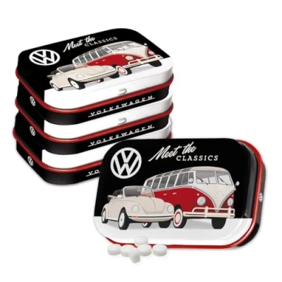 Abbildung von Nostalgic Art Retro Pillendose, 4 x 6 1,6 cm, VW Meet The Classics (4er Set), mit Pfefferminz Dragees, Vintage Design