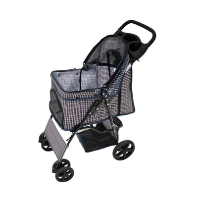Abbildung von Haustierwagen, blauer Tartan Träger, faltbarer Reisewagen, 15 kg Kapazität, 4 Räder, Bremsen, Katze, Hund, Sicherheitshaken, Leine, Kissen, Netzfenster, Korb, Getränkehalter, wasserdichter Regenschutz