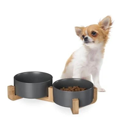 Abbildung von relaxdays Futterstation Hunde Napfbar Keramik mit Bambusgestell, Grau