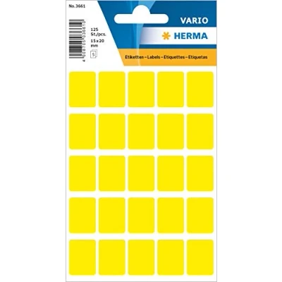 Abbildung von HERMA 3661 Vielzweck Etiketten, 125 Stück, 15 x 20 mm, 25 pro Bogen, selbstklebend, Haushaltsetiketten zum Beschriften für Kalender Planer Basteln, matt, blanko Papier Klebeetiketten Aufkleber, gelb