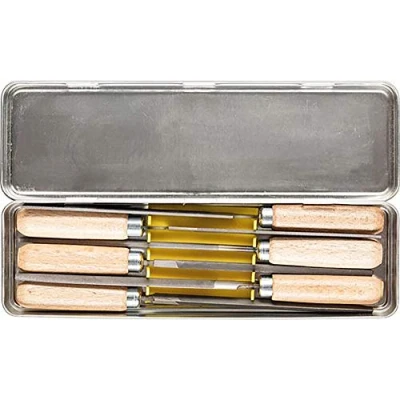 Abbildung von PFERD Schlüsselfeilen Set mit Holzheft 6 tlg. 100mm Hieb 2 für filigrane Feilarbeiten (265 K), Datensatz, Aluminium, Messing, Bronze, Eisenguss, Cast steel, Kupfer, Stahl, Zink, 100 mm, Deutschland