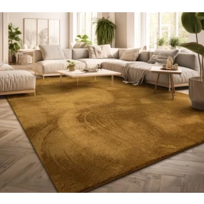 Abbildung von TT Home Wohnzimmer Teppich Kurzflor Anti Rutsch Rückseite Unifarben Modern Waschbar, Farbe: Dunkelgelb Senfgelb, Größe:120 cm Rund