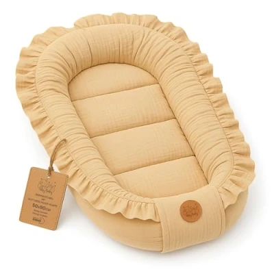 Abbildung von Babynest babynestchen neugeborene mit tragegriff 90 x 50 cm baby nestchen tragbar nest für bett kinder kuschelnest coccon Jungen und Mädchen Beige Musselin B