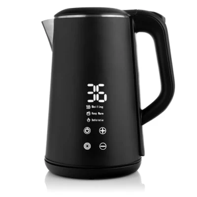 Abbildung von Lehmann LHOEK 1516 Elektrischer Wasserkocher aus Edelstahl, 1500 W, 1,6 Liter, mit Temperaturanzeige, Schnelles Aufheizen, Warmhaltefunktion, 360 Basis, Schwarz Matt