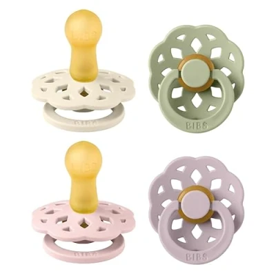 Abbildung von BIBS Boheme Schnuller 4er Pack. BPA frei, Kirschform Nippel. Naturkautschuk/Latex, Hergestellt in Dänemark. 6 18 Monate (4er Pack), Dusky Lilac Mix