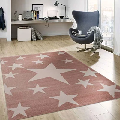 Abbildung von VIMODA Teppich Kurzflor Sterne Himmel Modern Pink Weiß Jugendzimmer für kinderzimmer, Wohnzimmer, Maße:80x150 cm