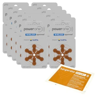 Abbildung von 60x Power One P312 Hörgerätebatterien PR41 (10x 6er Blister) + DIREKT Reinigungsbürste mit Magnet und Cerumenschlinge