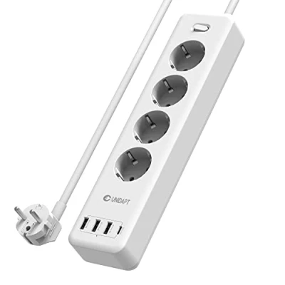 Abbildung von Unidapt Mehrfachsteckdose mit 4 Smart USB Ports (3,4A / 15W), C Steckdosenleiste Wandmontage (2500W /10A) Überstromschutz und Kinderschutz, Steckerleiste Schalter 1.8M Kabel, Weiß