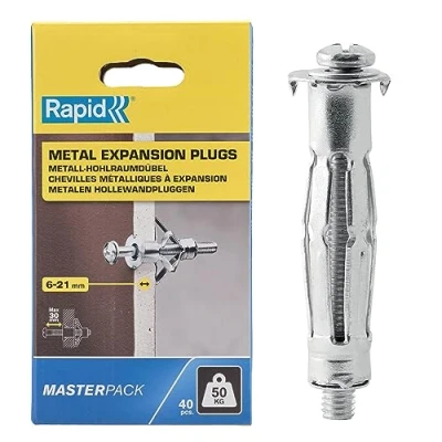 Abbildung von Rapid Hohlraumdübel Metall mit M6 Schraube für einlagige Gipskartonplatten und Gipsfaserplatten (6 21mm), Tragfähigkeit 50 kg, 40 Stück