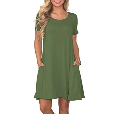 Abbildung von AUSELILY Damen Kleider Sommer Kurzarm Shirtkleider Kurz Sommerkleider Leicht Freizeitkleid mit Taschen ArmeeGrün L