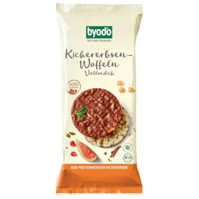 Abbildung von Byodo Kichererbsenwaffeln Vollmilch 65g Proteinreiche Snack Alternative, Luftig aufgepufft, Extra Vollmilchschokolade, Knusprig &amp; Cremig